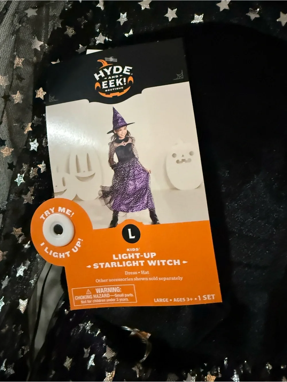 Girls Black and Purple light-up starlight Witch Costume Dress/hat L 10/12